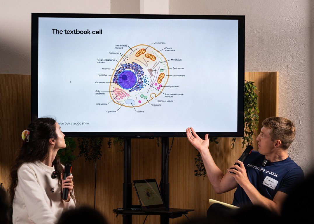 Laura and Cam with a diagram of the textbook cell