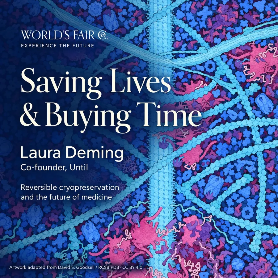 Poster for Saving Lives & Buying Time, with artwork adapted from David Goodsell