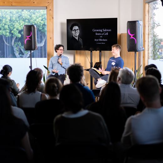 Ary&eacute; Elfenbein in conversation with a seated audience at a World's Fair Co. talk.
