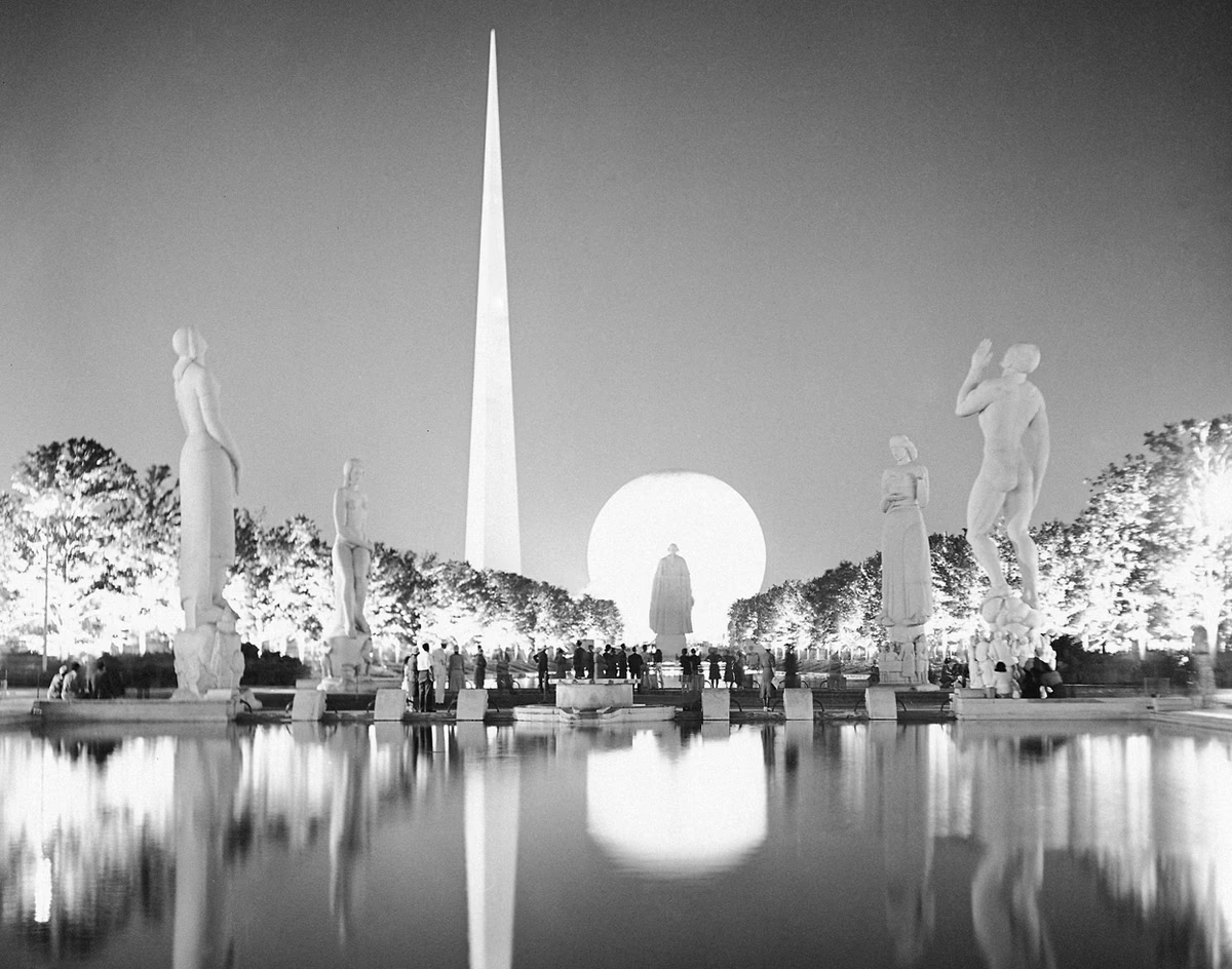 The Trylon and Perisphere at the 1939 New York World’s Fair, lit at night