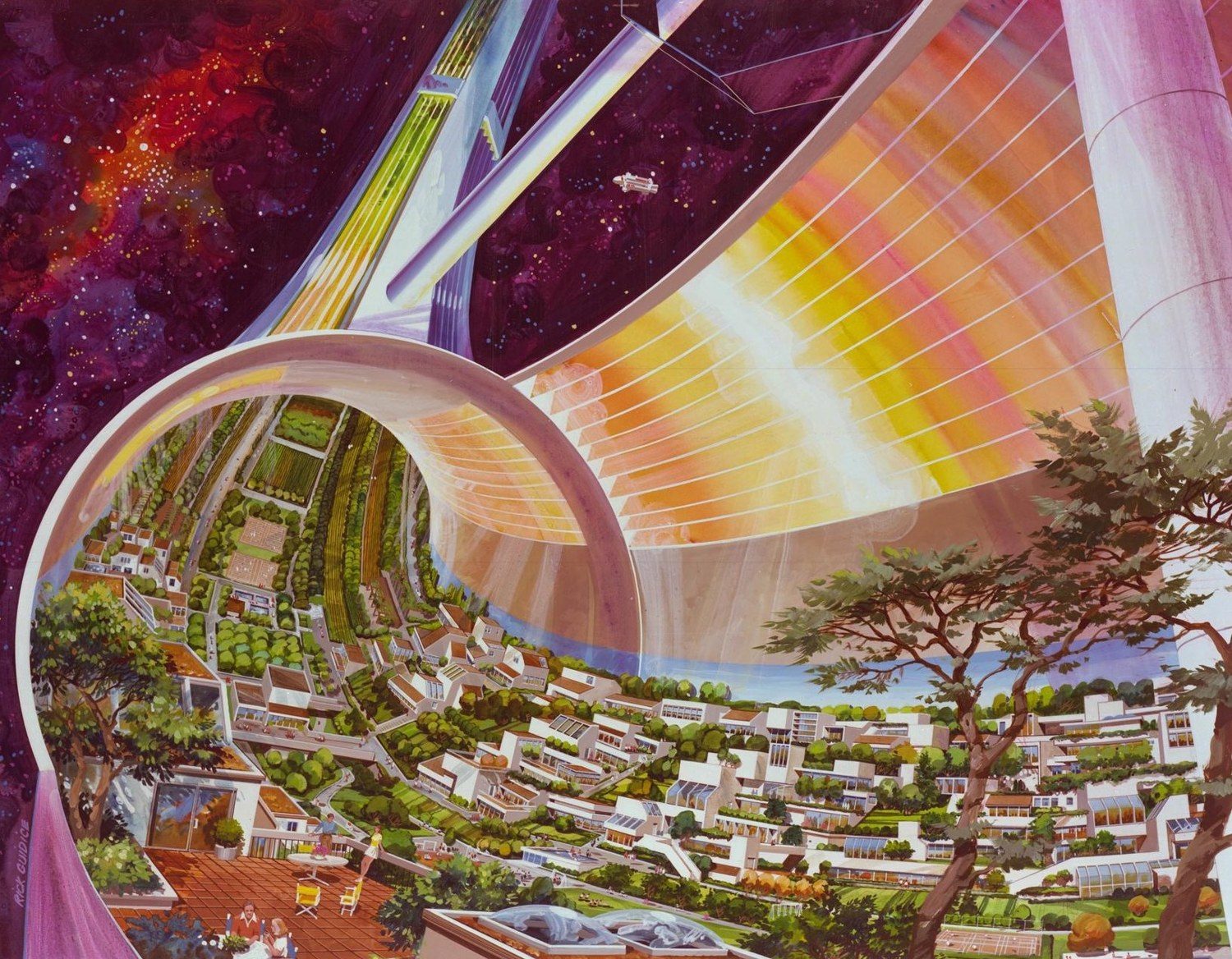 A painting of the inside of a ring-shaped space settlement, with homes, gardens, and sunlight