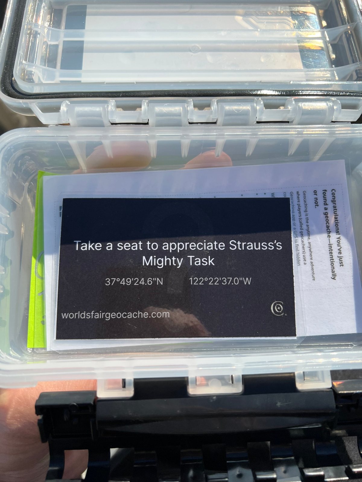 Inside each cache, a clue to the next: “Take a seat to appreciate Strauss’s Mighty Task.”