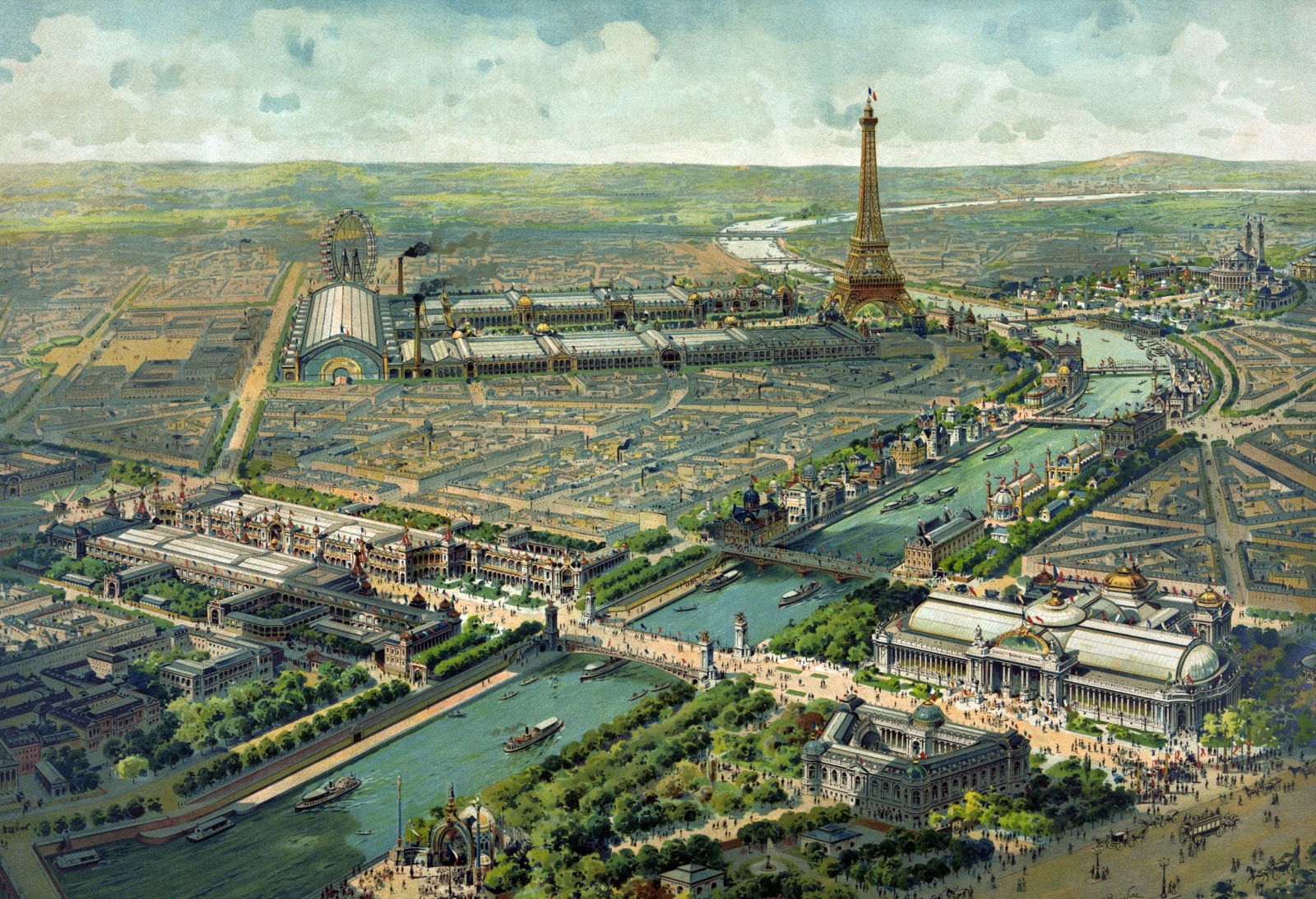 A bird’s-eye view of the 1900 Paris Exposition along the Seine, with the Eiffel Tower