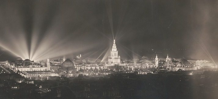 Searchlights over San Francisco's 1915 World's Fair at night