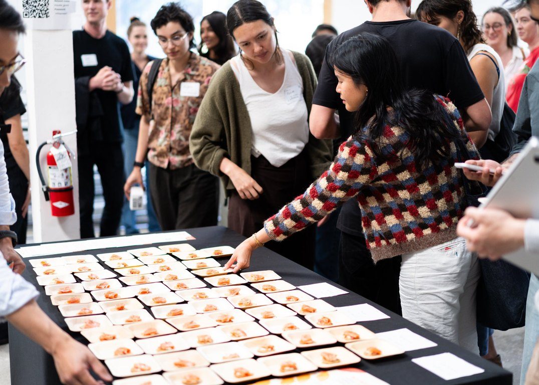 Guests tasting cultivated salmon