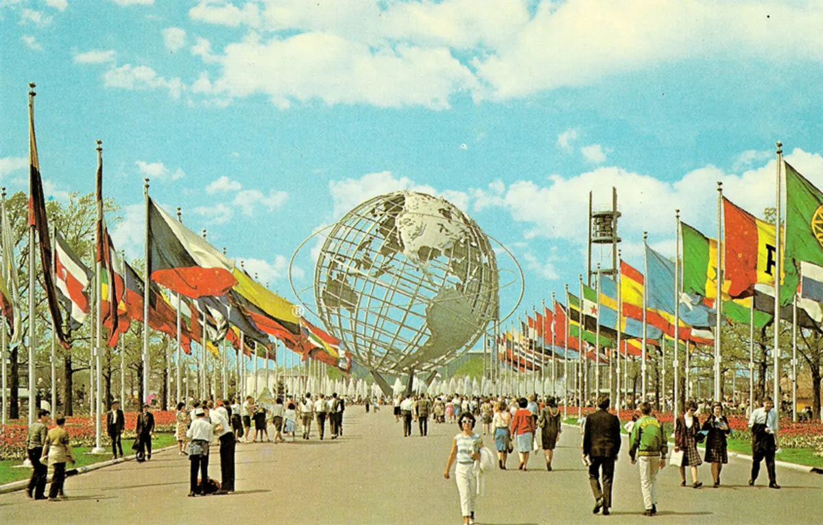 The Unisphere and flags at the New York World's Fair